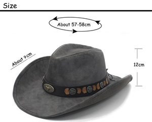 Detail view of grey cowboy hat showing 57-58cm head size and bull head metal ornament