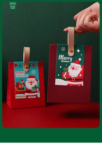 Detail of Christmas gift box with leather handle and festive Santa Claus illustration
