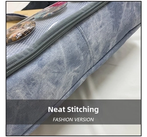 Detailed close-up of neat stitching on a blue denim tote bag with clear PVC window