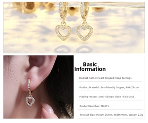 Detail view of heart-shaped hoop earring with AAA cubic zirconia and gold plating