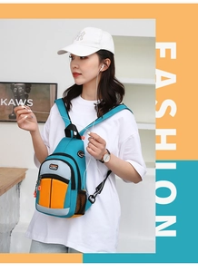 Detail of multi-functional crossbody bag with contrast stitching and earphone port