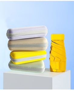 Close-up of capsule mini folding umbrellas with colorful hard shell storage cases
