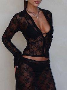 Close-up of intricate black lace texture on Y2K style hollowed-out cardigan and skirt