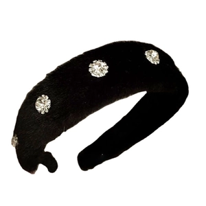 Elegant black plush wide headband featuring sparkling crystal rhinestone embellishments