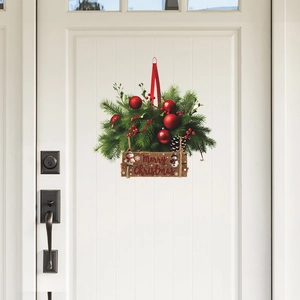 Christmas door hanging basket with pine needles, red berries and Merry Christmas sign