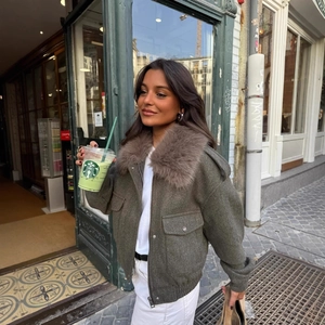 Women Woolen Jacket With Faux Fur Collar Zip Up Short Bomber Coat Casual Autumn Winter Outerwear For Ladies