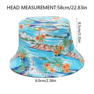Detail view of tropical bucket hat with size chart showing 58cm circumference and brim dimensions