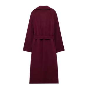 Back view of burgundy wool blend double-breasted long coat with classic waist belt