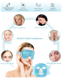 Blue gel bead eye mask showing hot and cold therapy benefits for puffiness and relief