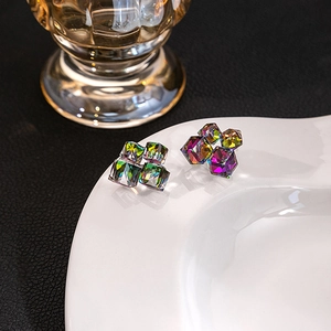 Geometric Cube Stud Earrings With Crystal Glass And Silver Earring Post Aurora Polar Light Luxury Jewelry For Women