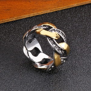 Hip hop men's gold and silver two-tone cuban link ring with sparkling micro diamonds