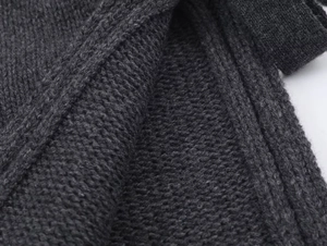 Close-up of deep gray knitted waffle texture showing thick premium wool blend fabric