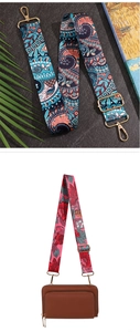Detail of adjustable floral canvas straps with gold metal hardware and brown leather pouch