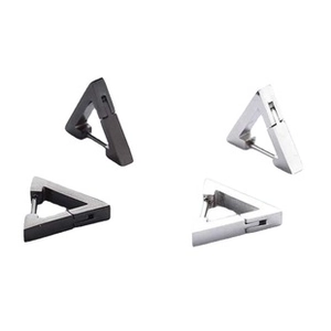 Detail view of geometric triangle hoop earrings in black and silver polished finishes