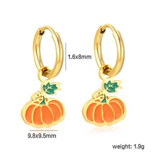 Dettaglio degli orecchini a zucca arancione con dimensioni e specifiche di peso indicate