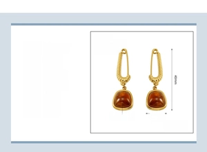 Detail view of gold 18k plated stainless steel earrings with natural stone and dimensions