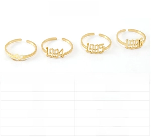 Detail view of 18K gold plated stainless steel year rings with adjustable bands