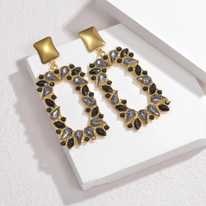 Chic gold-plated hollow square drop earrings with black and smoke grey crystal stones