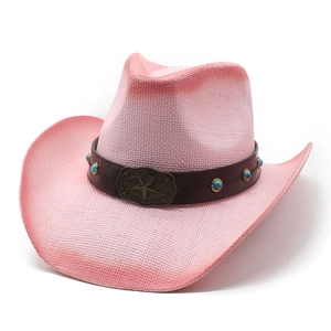 Rosa gewebter Western-Cowboyhut mit breiter Krempe und Türkis-Stern-Abzeichen-Band