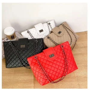 Women Fashion Casual Quilted Chain Tote Bag PU Leather Solid Color Single Shoulder Underarm Crossbody Bag