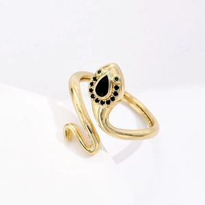 Adjustable gold plated snake ring with black teardrop stone and green crystal eyes