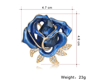 Macro view of blue enamel rose brooch with teardrop crystal and detailed dimensions