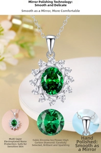 Detail showing emerald green stone pendant with sunflower diamond halo and S925 chain