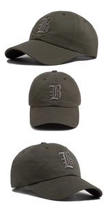 Detailed views of cotton baseball cap with gothic letter B embroidery from multiple angles