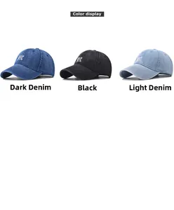 Detailed color display of vintage washed denim baseball caps with NYC embroidery
