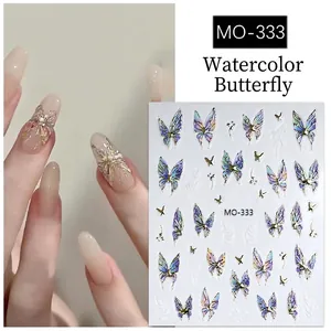 Adesivi per unghie 3D a farfalla acquerello con bordi dorati per nail art professionale