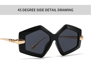 45-degree side view showing black square frame and gold metal hinges on sunglasses