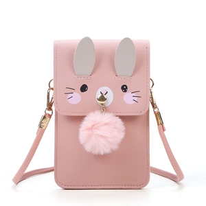 Pink rabbit crossbody bag for girls in PU leather with cute pompom charm and clear screen