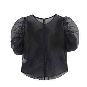 Chemisier en organza pour femme style français avec manches bouffantes et col rond noir