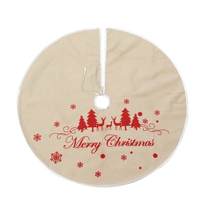 1m beige linen Christmas tree skirt with reindeer, red trees and Merry Christmas text