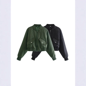 Short bomber jacket for women in olive green and black featuring metal zippers and ribbed cuffs