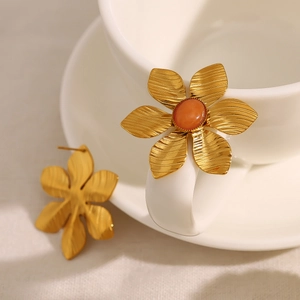 French vintage floral 18K gold plated stainless steel earrings with orange stone
