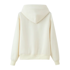Detailed back view of cream white hooded sweatshirt featuring ribbed cuffs and hemline