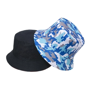 Outdoor sun protection bucket hats in solid black and blue camo designs for men