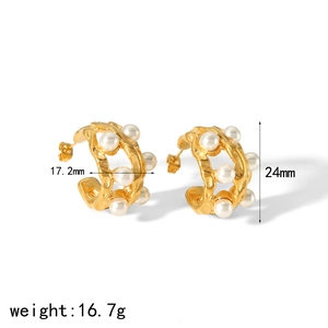French vintage 18K gold plated stainless steel C-shape pearl earrings for women