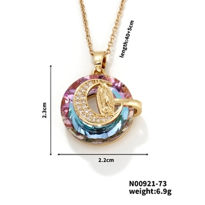 Detail showing dimensions of golden Virgin Mary moon pendant with colorful crystals