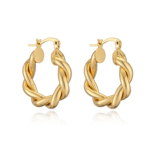 Twisted gold hoop earrings in 18K plated finish with a high-shine mirror reflection
