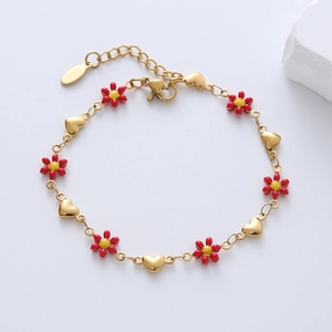 Detalle de cierre de langosta y dijes de flores en pulsera de acero bañada en oro de 18 quilates