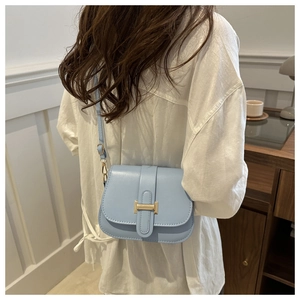 Detail of light blue saddle bag with matte finish and gold metallic buckle decoration