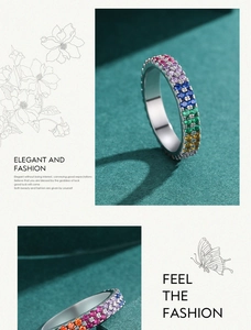 Detail of S925 silver ring featuring micro-set rainbow gemstones on green velvet