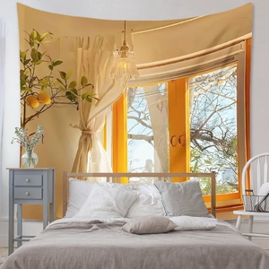 Detail of bohemian tapestry featuring a sunlit lemon tree and cozy window scene