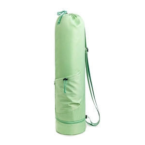 Light green yoga mat bag with adjustable shoulder strap and front storage pocket