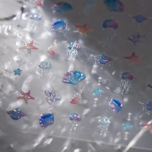 Stickers nail art holographiques thème océan avec méduses et étoiles de mer en relief