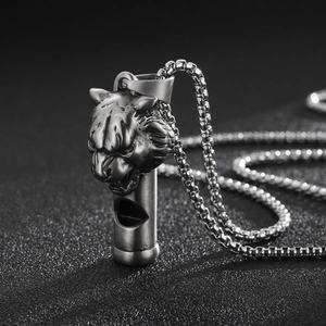 Retro stainless steel lion head whistle pendant necklace for men with box chain