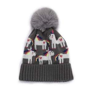 Berretto grigio in maglia per bambini con motivi di unicorno e grande pompon in pelliccia