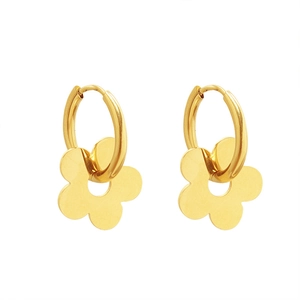French retro gold-plated titanium steel hoop earrings with hollow flower pendants